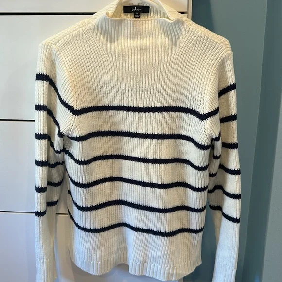 Lulus Confident Poise White Striped Mock Neck Pullover Sweater - Size M - Picture 4 of 8